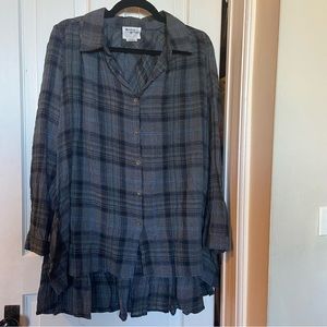 Anthropologie Holding Horses L Plaid Tunic Blue Gray Black Ruffle Back Boho Top